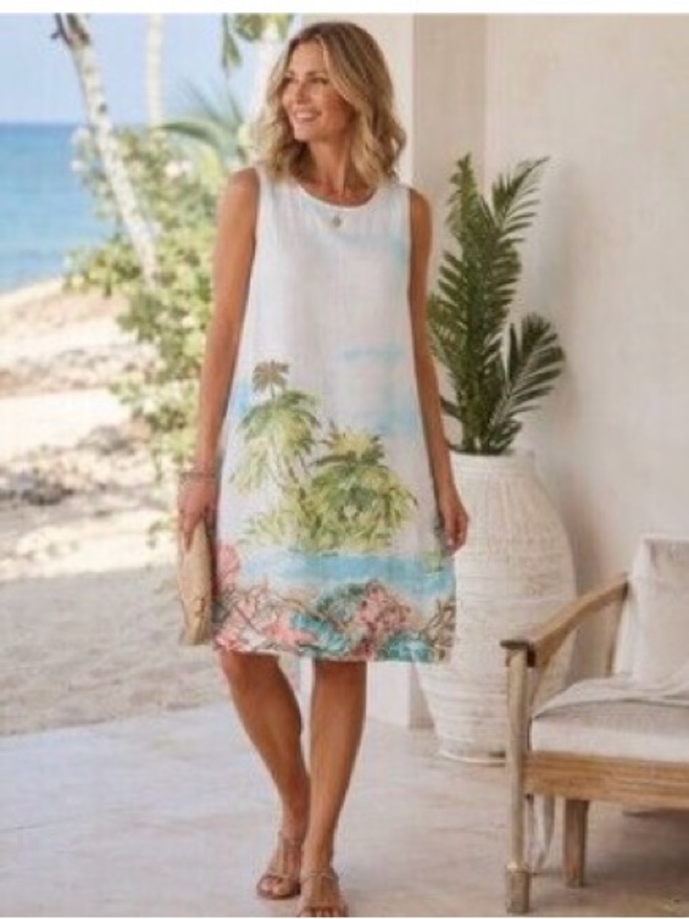 J. Jill White Love Linen Sleeveless Dress Palm Trees & Coral Shell Print